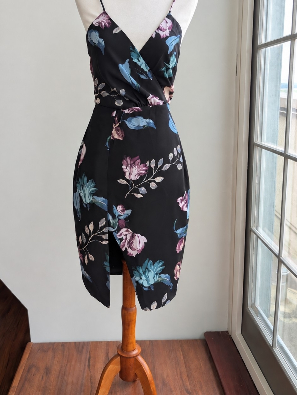 Floral Wrap-Front Black Slip Dress with Blue & Pink Blooms XS